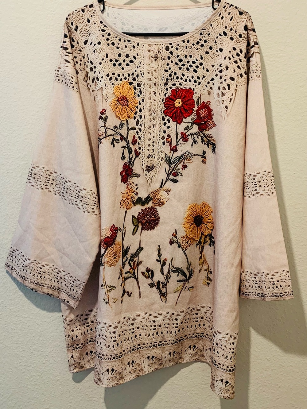 Unknown Cream Boho Tunic with PRINT Red & Yellow Floral Embroidery